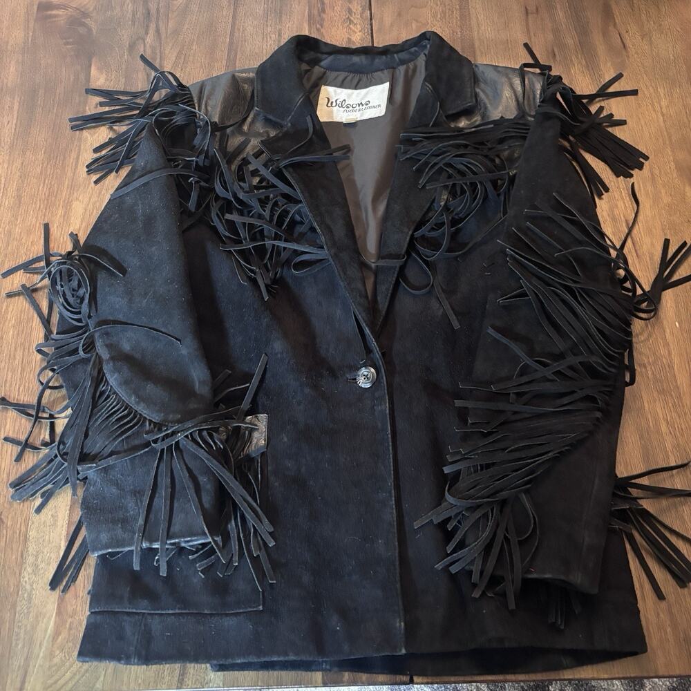 Vintage Wilsons Suede & Leather Jacket Women L Floral Embroidery Fringe Western